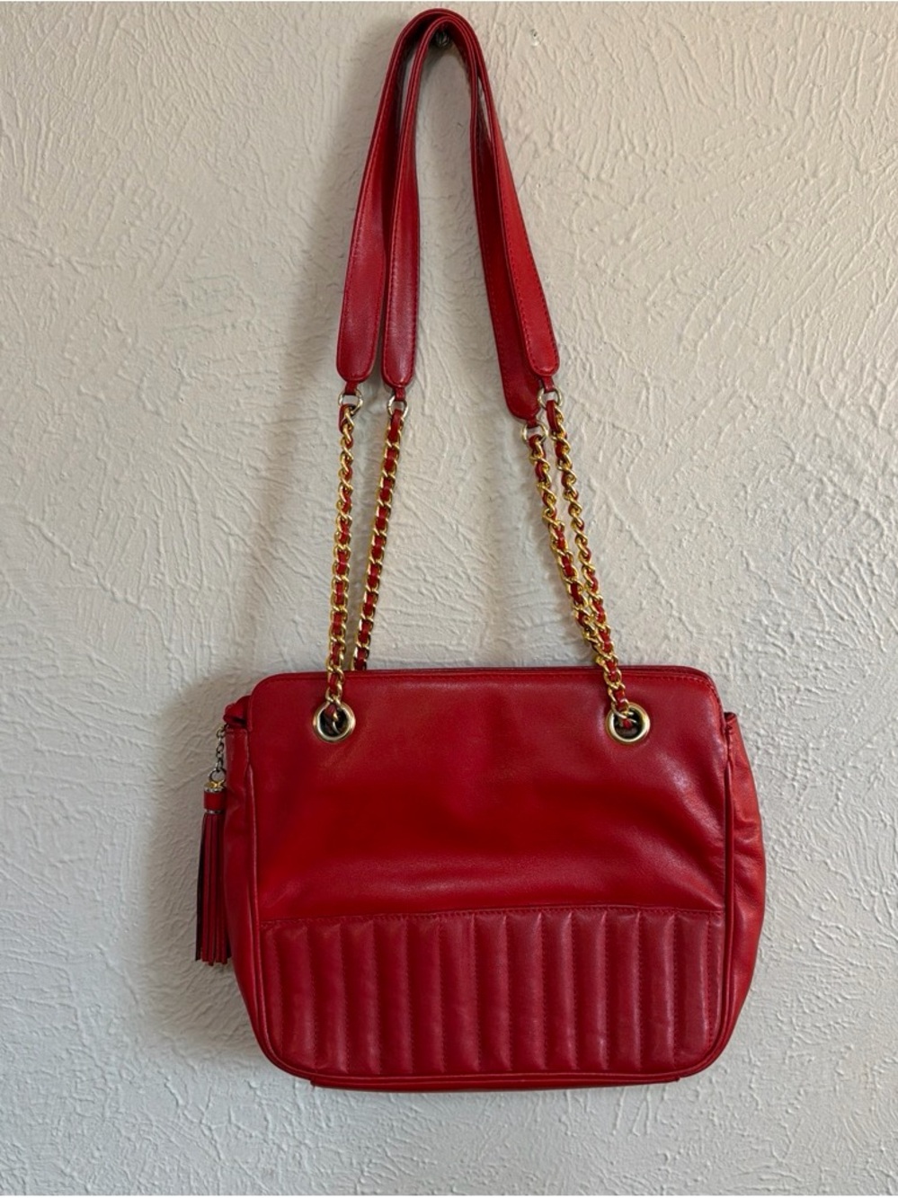 Red Quilted Shoulder Bag with Gold Chain Straps